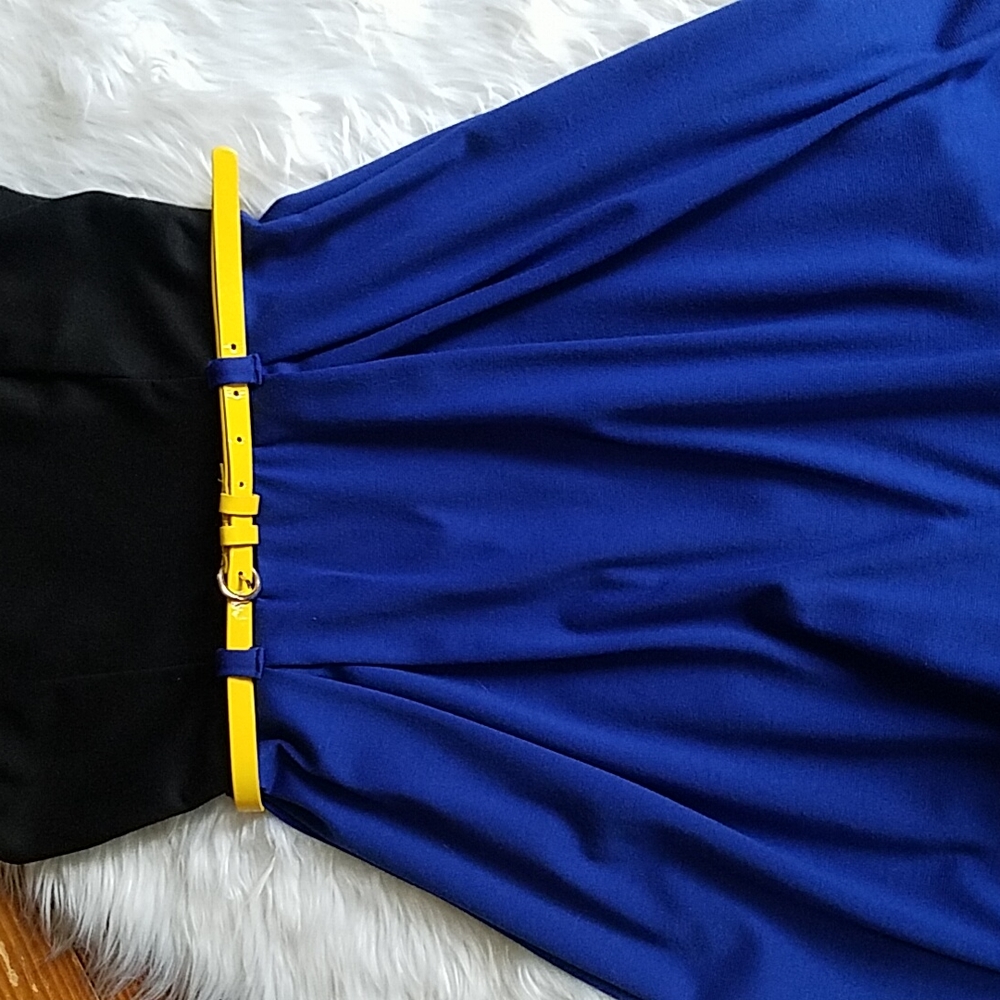 Blue & Black Sleeveless Dress with Yellow Belt - Picture 3 of 5